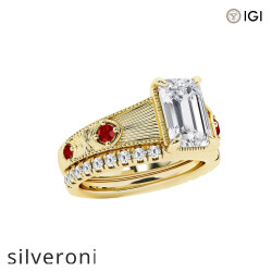 3.00 Carat Emerald Cut Lab Grown Diamond Engagement Ring with Ruby Side Stones - 4
