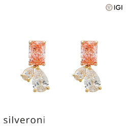3.88 Carat Lab Grown Fancy Pink Radiant Drop Earrings in 14KT Yellow Gold - Silveroni