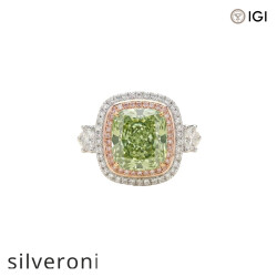 7.07 Carat Cushion Cut Lab Grown Green Diamond Three-Stone Ring - Silveroni