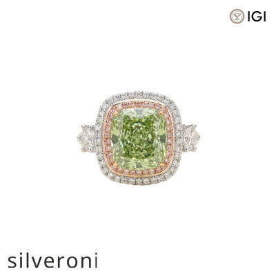 7.07 Carat Cushion Cut Lab Grown Green Diamond Three-Stone Ring - 1
