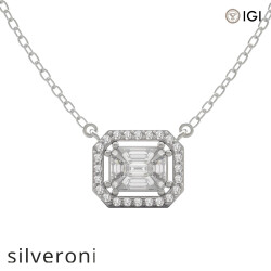 East-West Baguette Emerald Diamond Double Prong Halo Necklace - Silveroni