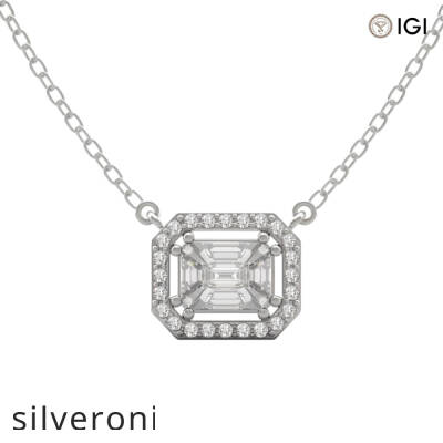 East-West Baguette Emerald Diamond Double Prong Halo Necklace - 1