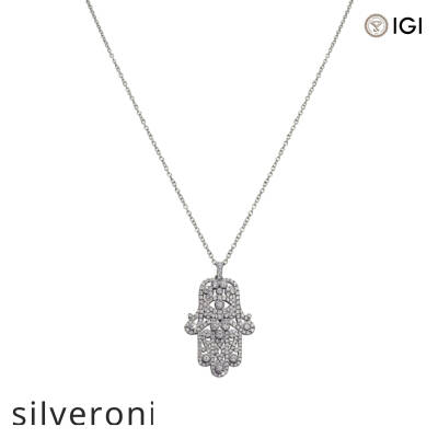Hamsa Pendant Necklace in 18k White Gold with Round Lab Grown Diamonds - 1