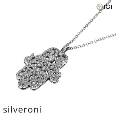 Hamsa Pendant Necklace in 18k White Gold with Round Lab Grown Diamonds - 2