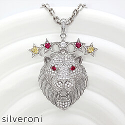 Majestic 5 Star Lion Silver Pendant with Swarovski Stones - Silveroni