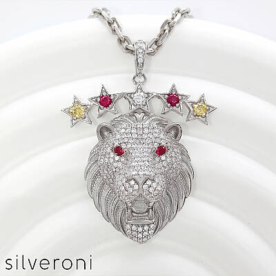 Majestic 5 Star Lion Silver Pendant with Swarovski Stones - 1