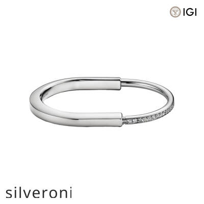 Round Cut Half Pavé Diamond White Gold Bangle - 1
