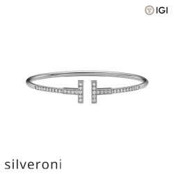 Round Pavé Diamond Wire Bangle in White Gold - Silveroni