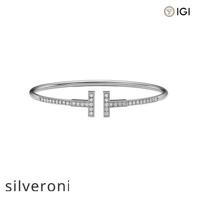 Round Pavé Diamond Wire Bangle in White Gold - 1