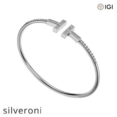 Round Pavé Diamond Wire Bangle in White Gold - 2