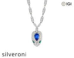 Serpenti 18K White Gold Pendant Necklace with Emerald and Sapphire - Silveroni