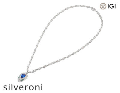 Serpenti 18K White Gold Pendant Necklace with Emerald and Sapphire - 2