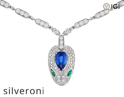 Serpenti 18K White Gold Pendant Necklace with Emerald and Sapphire - 3