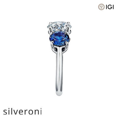 Three Stone Engagement Ring with Sapphire Side Stones in Platinum - 2