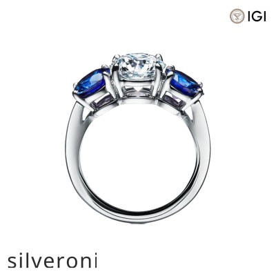 Three Stone Engagement Ring with Sapphire Side Stones in Platinum - 3