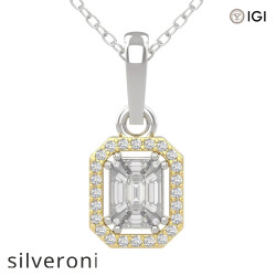 Two-Tone Gold Emerald Cut Diamond Halo Pendant Necklace - Silveroni