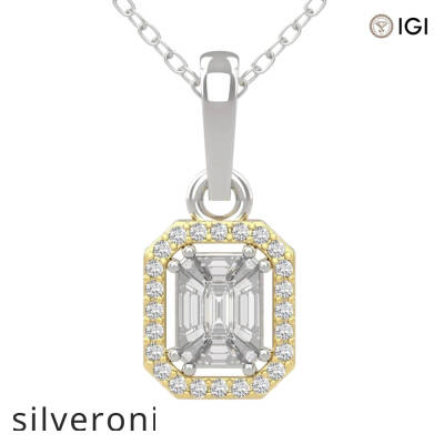 Two-Tone Gold Emerald Cut Diamond Halo Pendant Necklace - 1